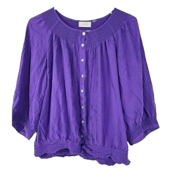 Chicos Womens Blouse Top Large PUrple 3/4 Sleeve Button Up Smocked Peasant BOHO - Picture 1 of 7